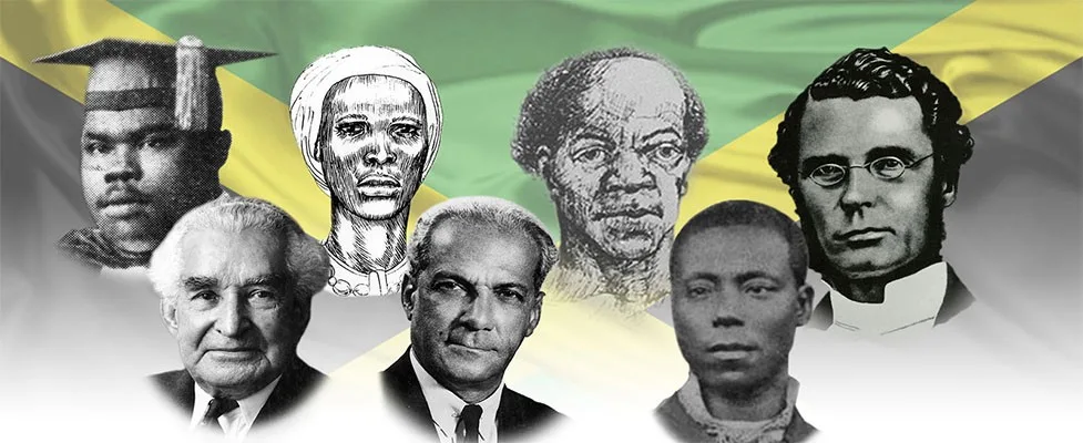 Collage of Jamaica's National Heroes set against the Jamaican flag